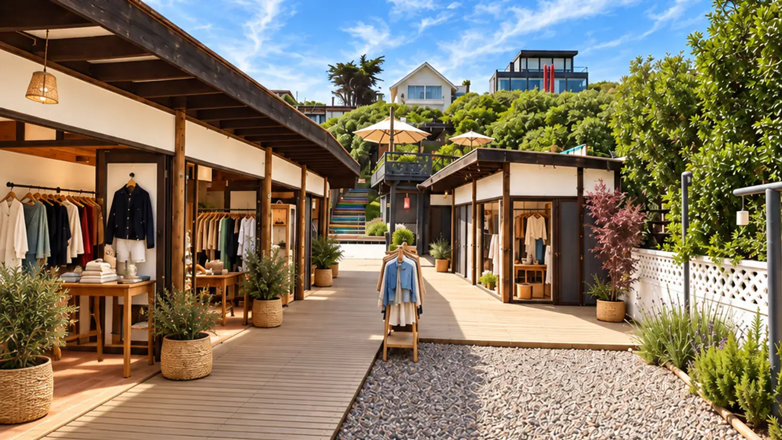 El paseo del Patio de Renata con las tiendas abiertas a ambos lados y la ropa a la vista