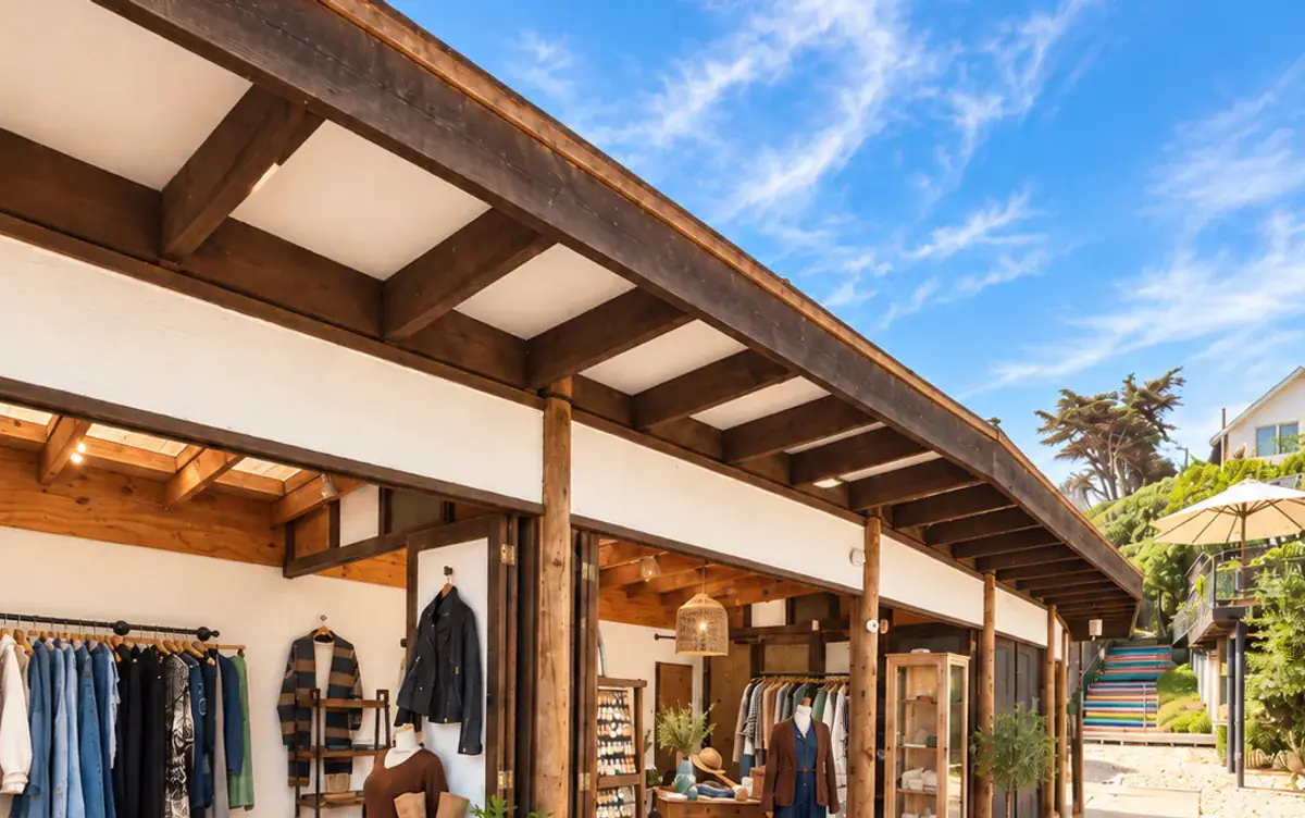 Hilera de tiendas de ropa abiertas al deck bajo la pérgola
